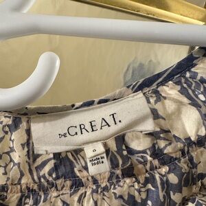 THE GREAT. Cream and Blue Patterned Top